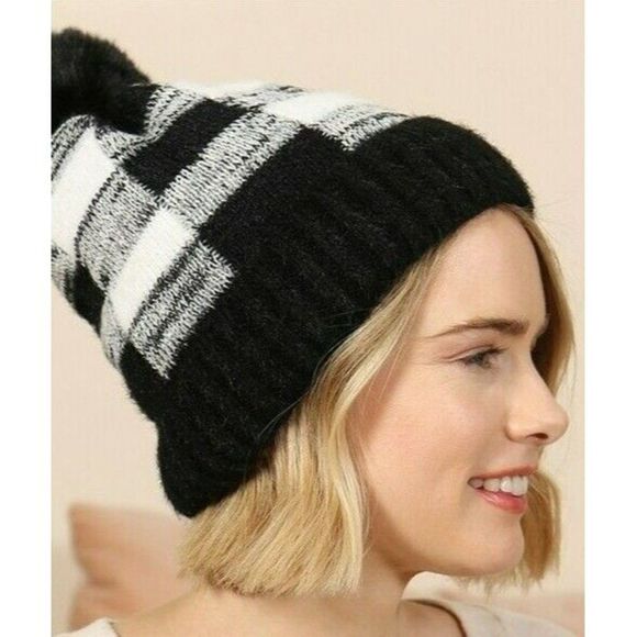 Accessories - Knitted Hat Winter Pom-Pom Black & White Buffalo Plaid Fuzzy